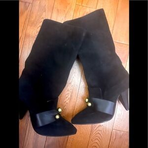 Stuart Weitzman Black Heeled Boots with Gold Accents